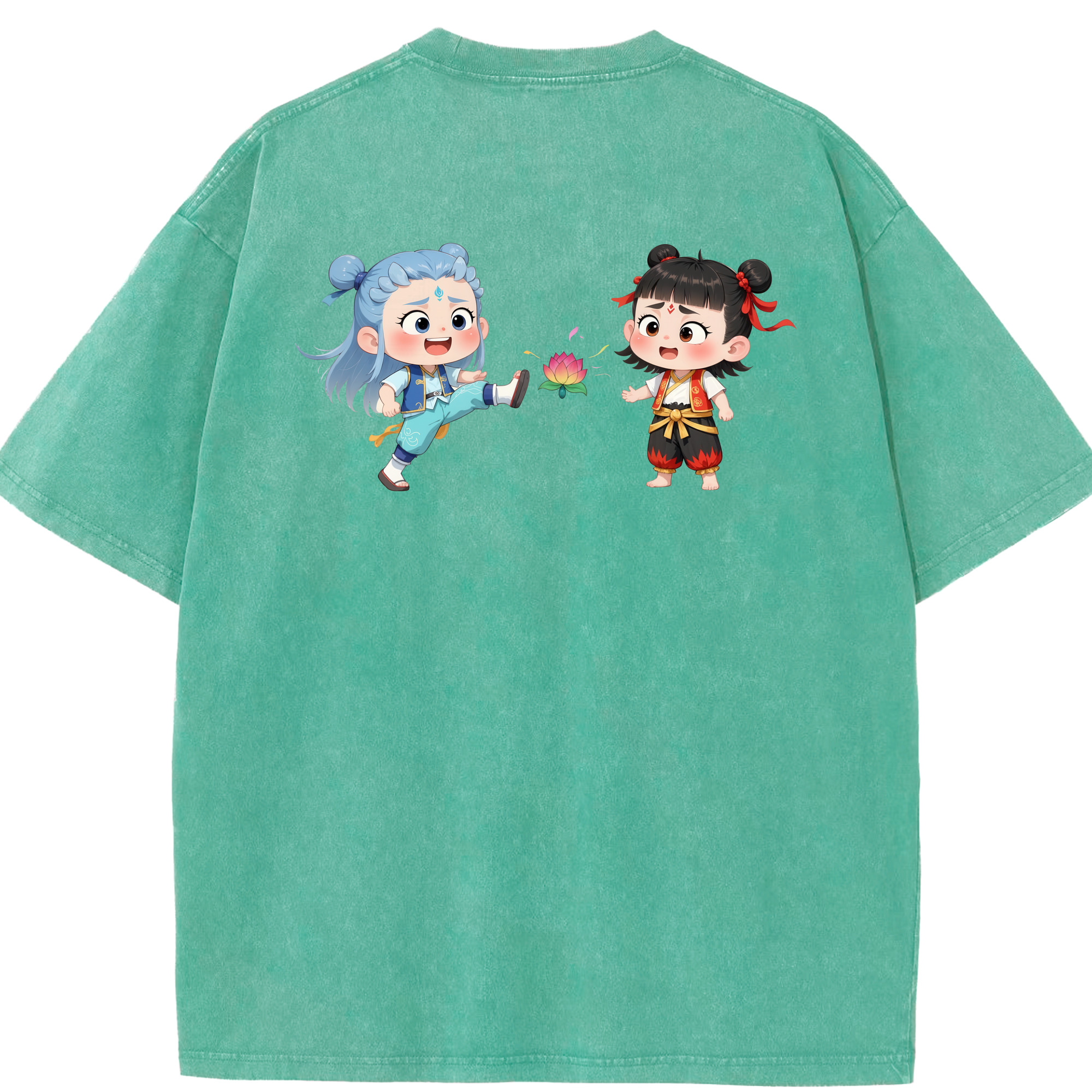 （画像用） Ne Zha 2 ナタ 魔童の大暴れ 綿100% ヴィンテージ風 半袖Tシャツ（背面プリント）